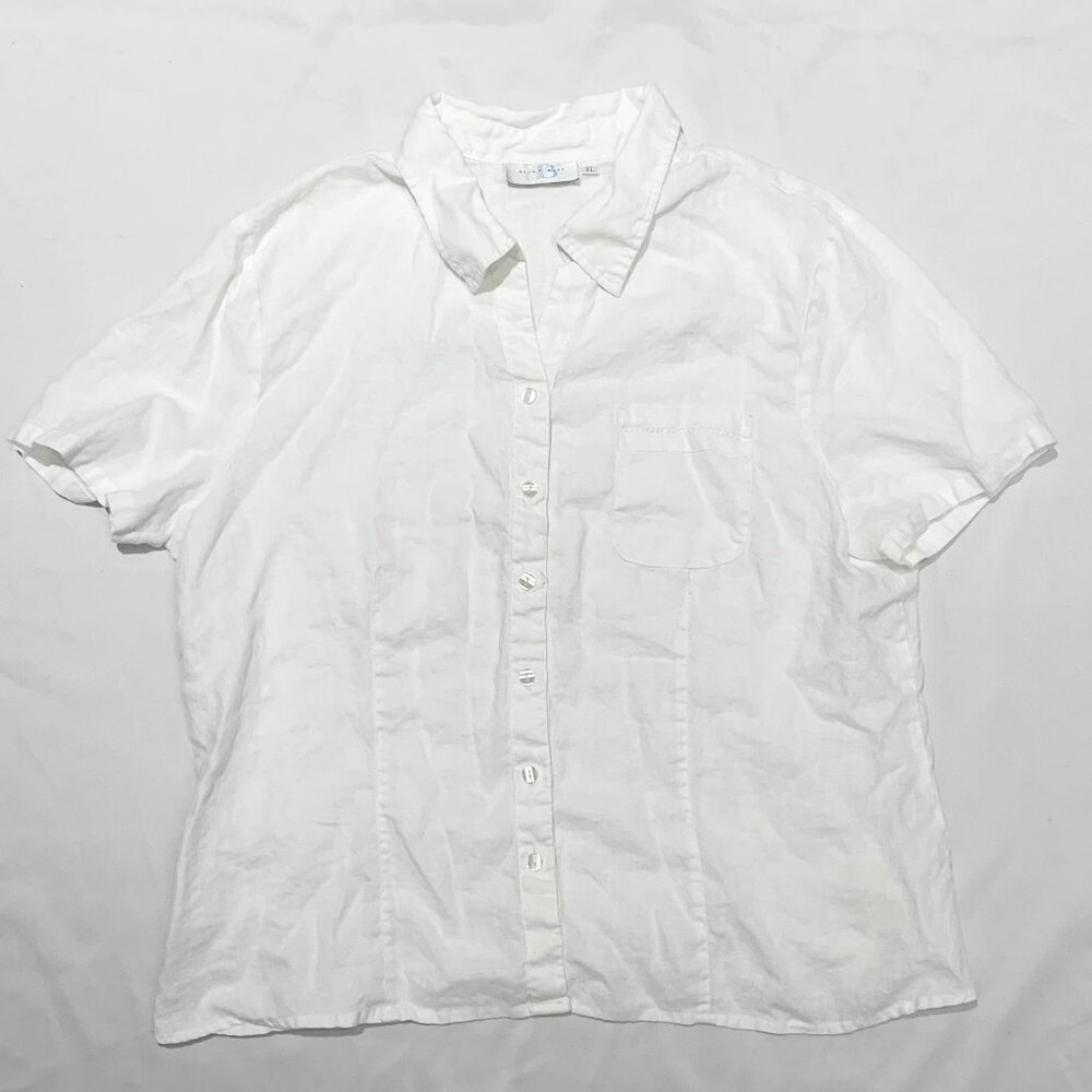 VTG Y2K Alice Blue 100% Linen White Blouse Size XL Button Down Embroidered Tee